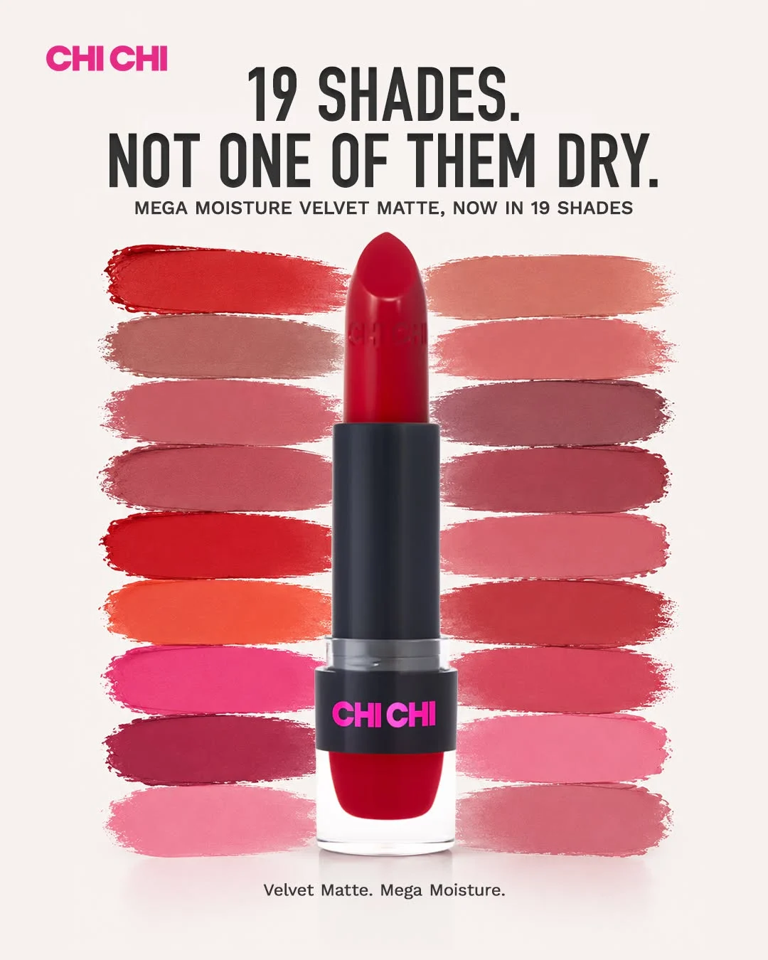Chi Chi Cosmetics ad: 19 shades, never dry